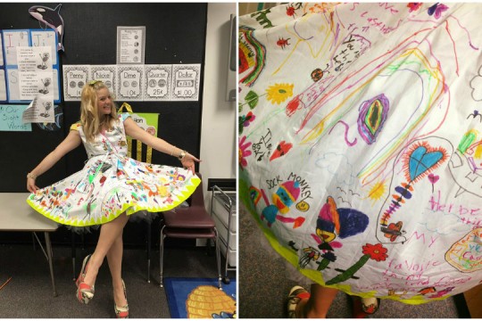 Elevii unei școli i-au pictat profesoarei cea mai originală rochie